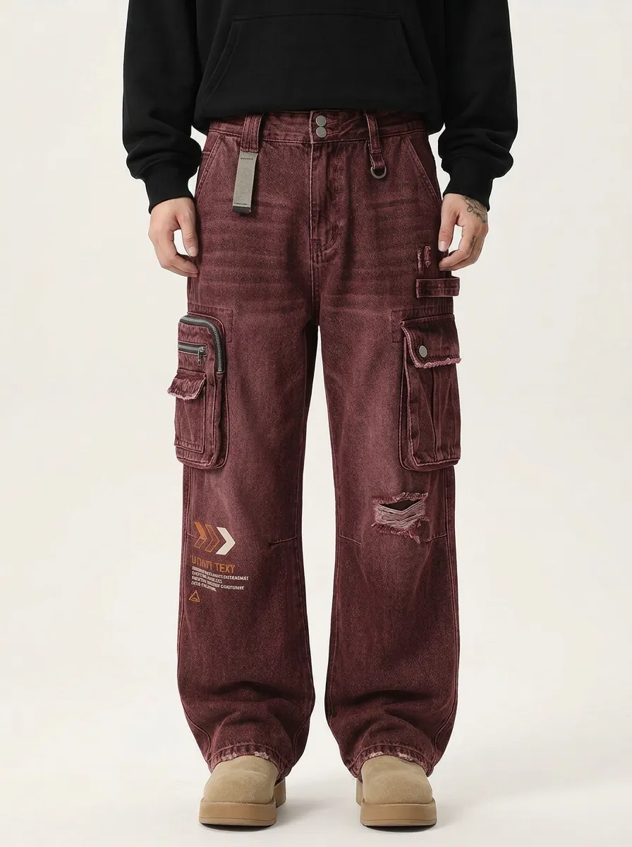 Men's Streetwear Graphic Distressed Washed Cargo Pants