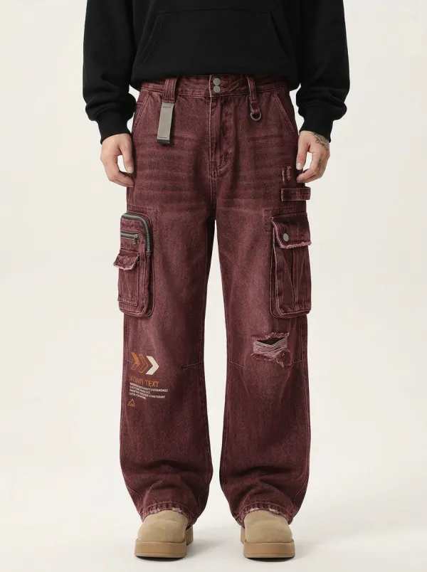 Men's Streetwear Graphic Distressed Washed Cargo Pants