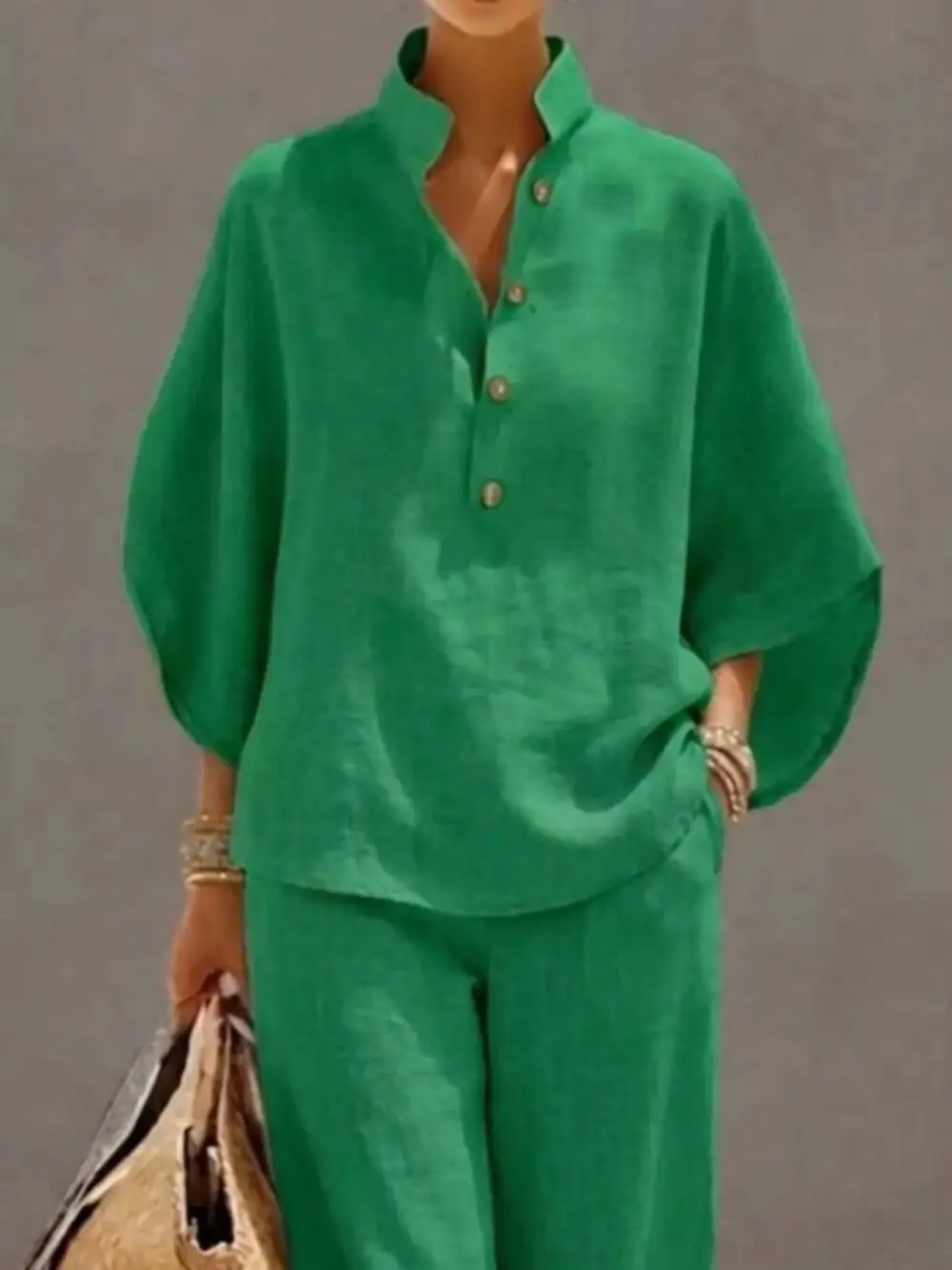Full Size Button Detail Sleeve Top and Pants Set Plus Size