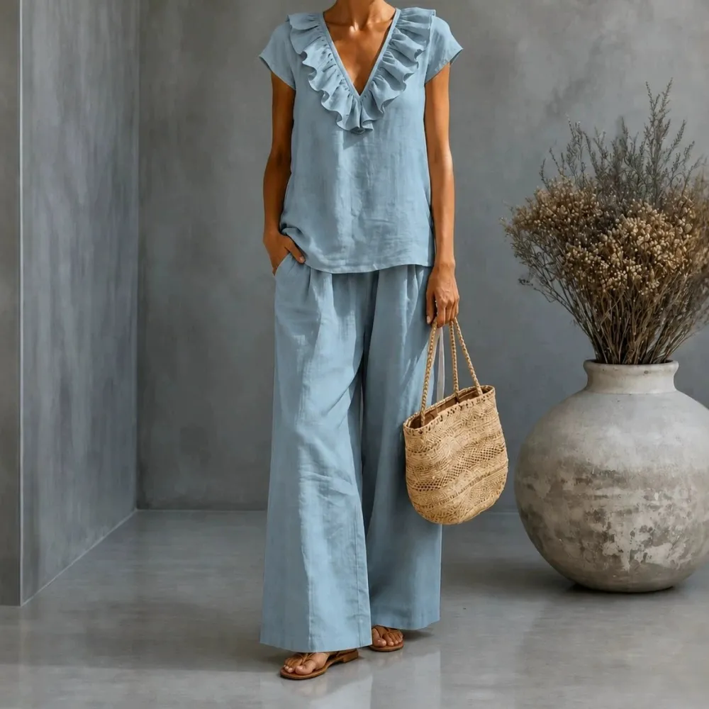 Wide-Leg Short-Sleeve V-Neck Women's Matching Set