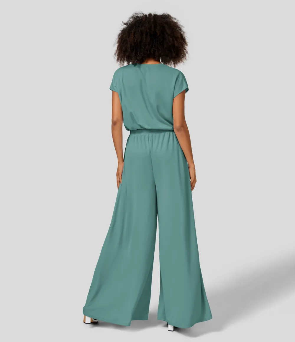 V Neck Short Sleeve Plicated Side Pocket Wide Leg Flowy Waffle Casual Jumpsuit