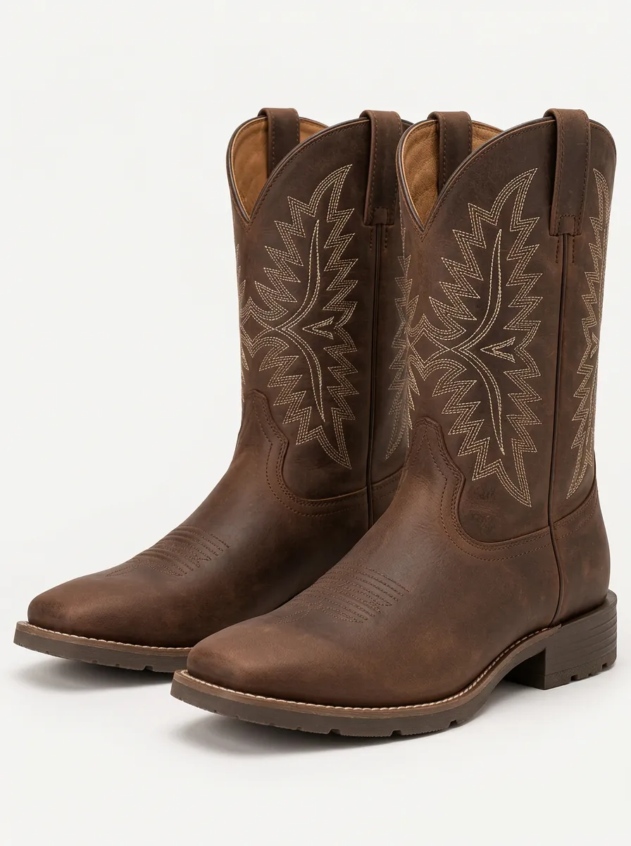 Men's Red Leather Cowboy Boots with Embroidered Detail
