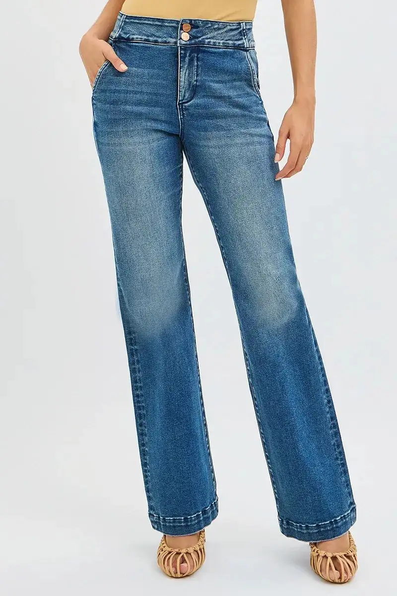 Washed High Waist Flare Leg Button Denim Jeans