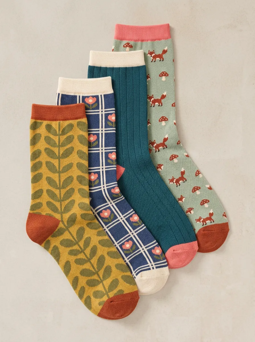 Floral Forest Mushroom Fox Four-Pair Casual Socks