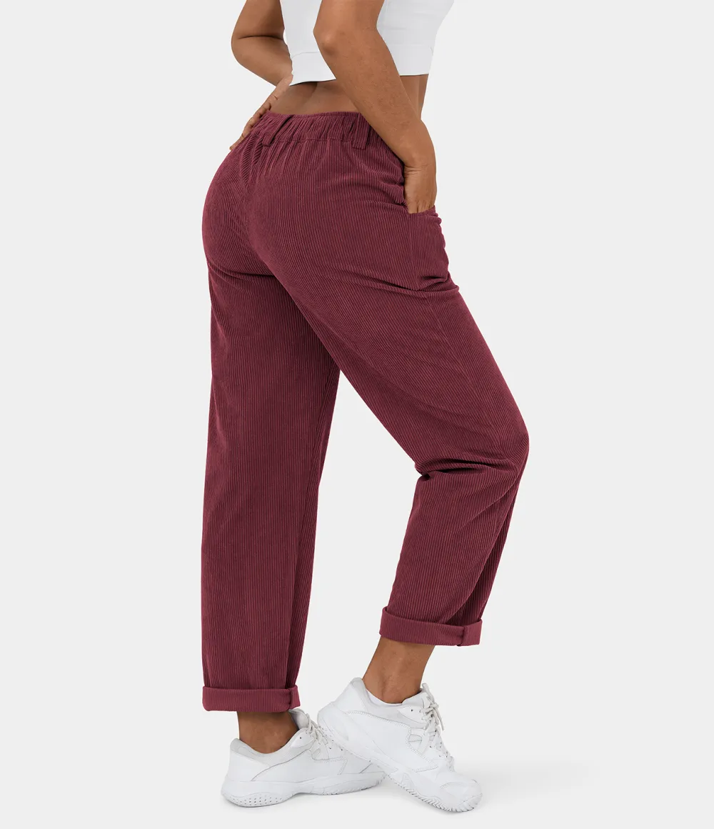 Mid Rise Button Zipper Side Pocket Corduroy Casual Pants