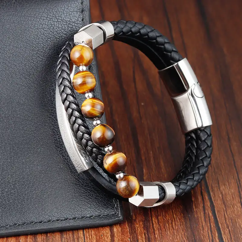 Tiger Eye Bead Multi Layered Leather Buckle Bracelet