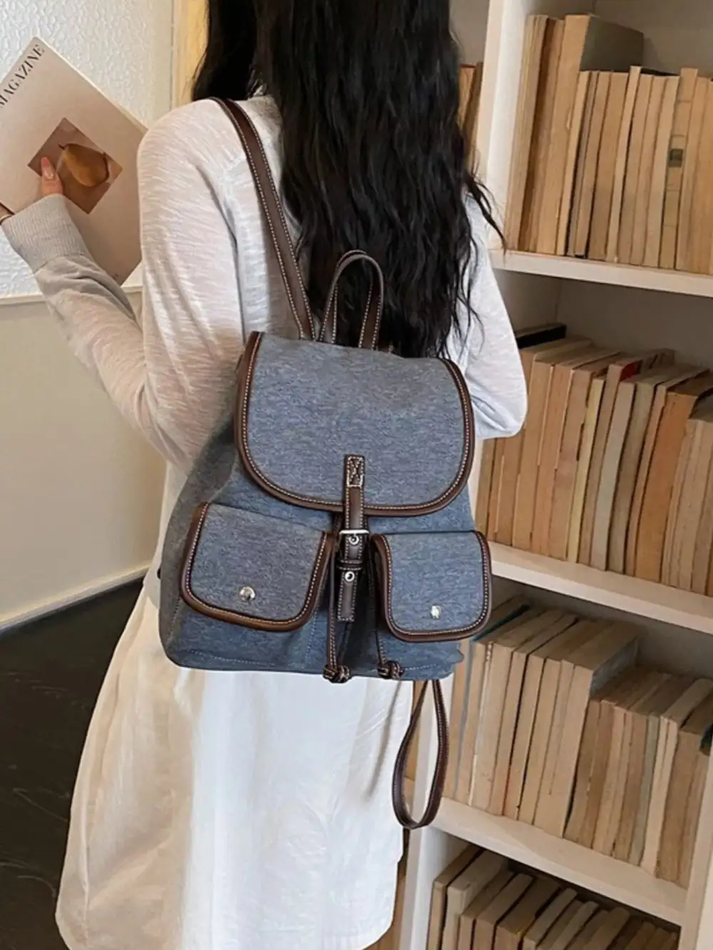 Women's Denim Flap Backpack
