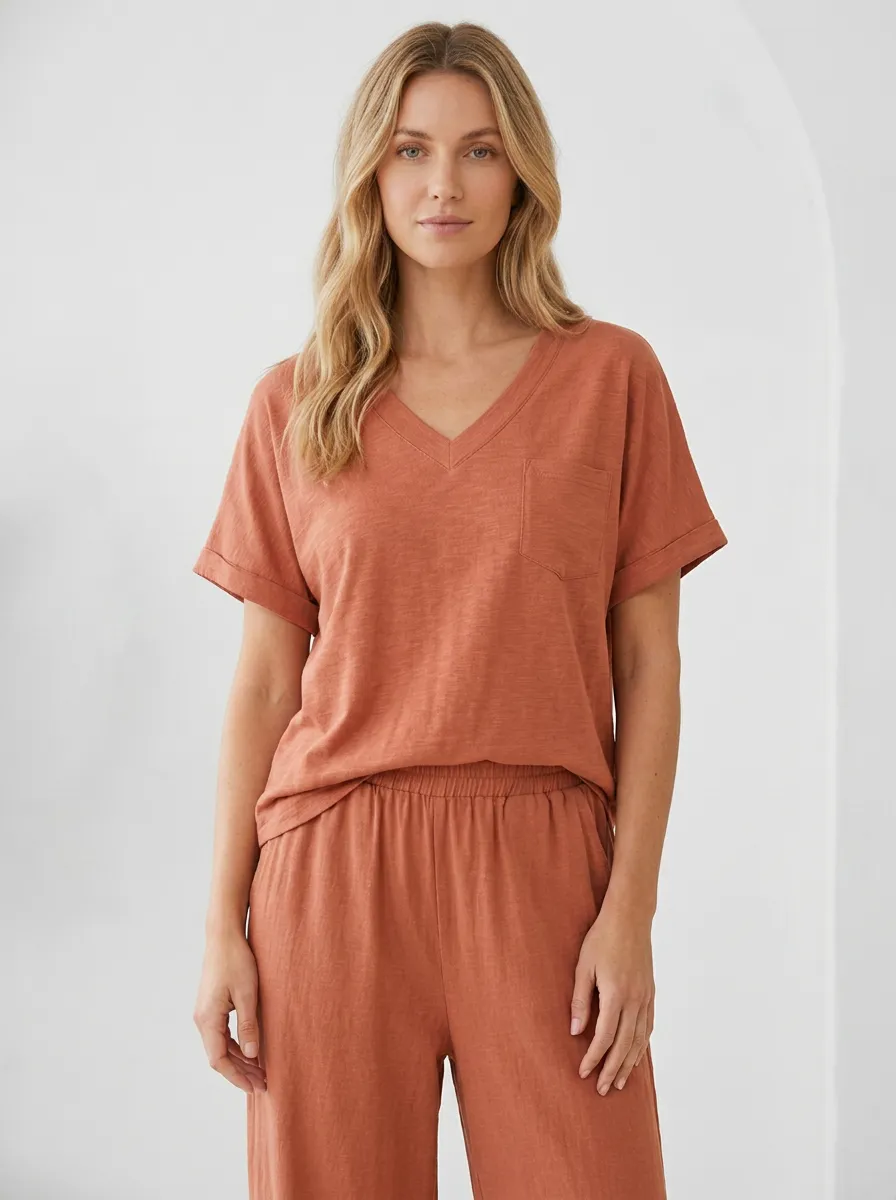 Pocket Short-Sleeve Ribbed Women's V-Neck Casual Lounge Set