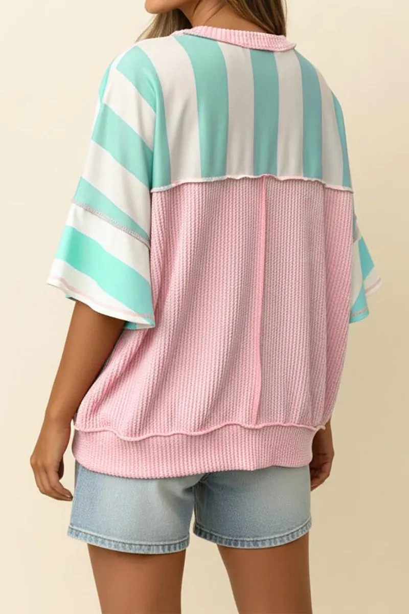 Striped Ribbed Patchwork Oversized T Shirt