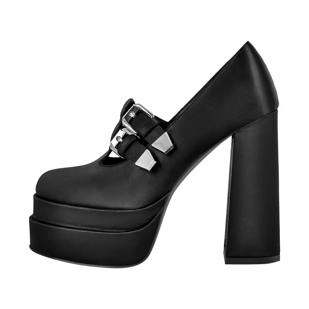 Square Toe Platform Chunky Heel Buckle Strap Pumps