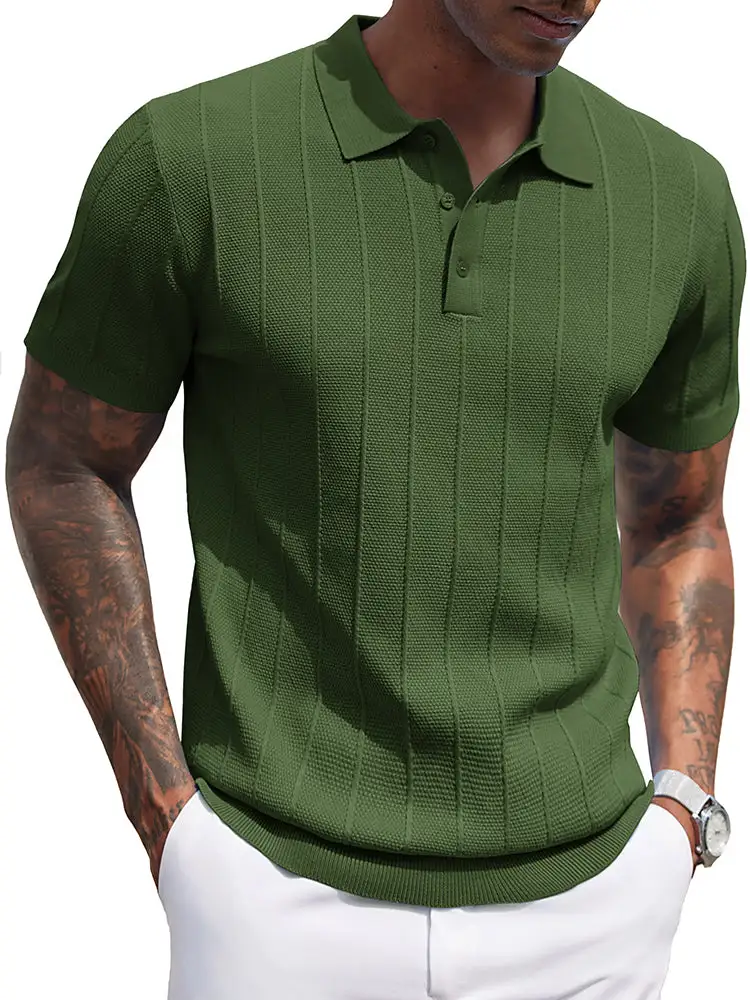 Ribbed Textured Knit Polo Shirt