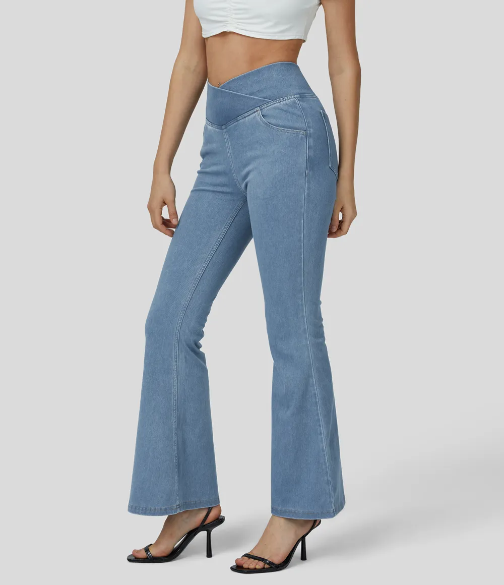Magic High Waisted Crossover Pocket Washed Stretchy Knit Casual Super Flare Jeans