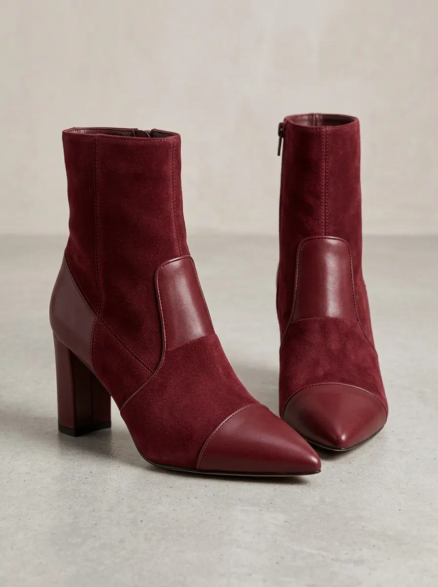 Pointed-Toe Block-Heel Suede-Look Leather-Look Women's High-Heel Ankle Boots