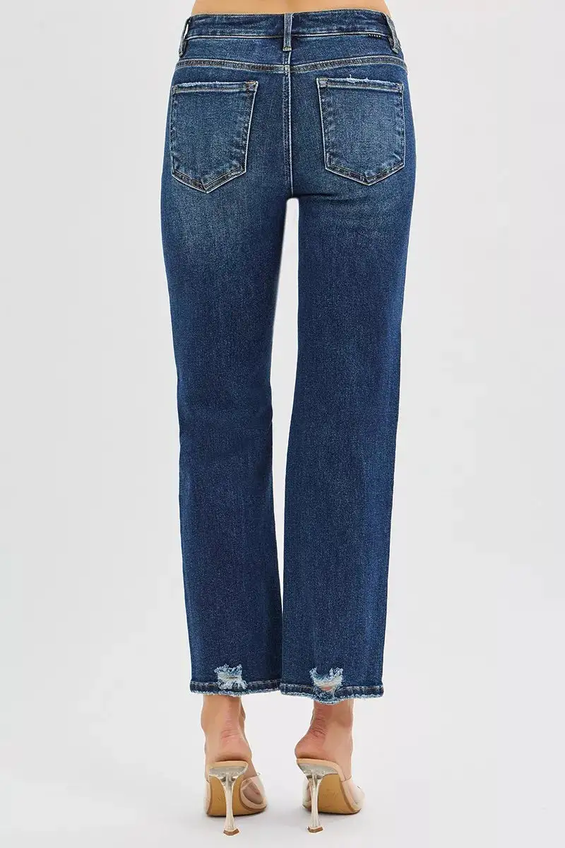High-Rise Cropped Raw-Hem Distressed Slim Straight Jeans