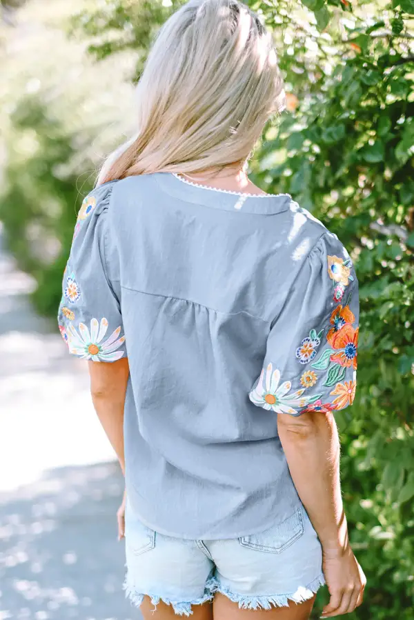 Women's Floral Print Embroidered Split Neck Top