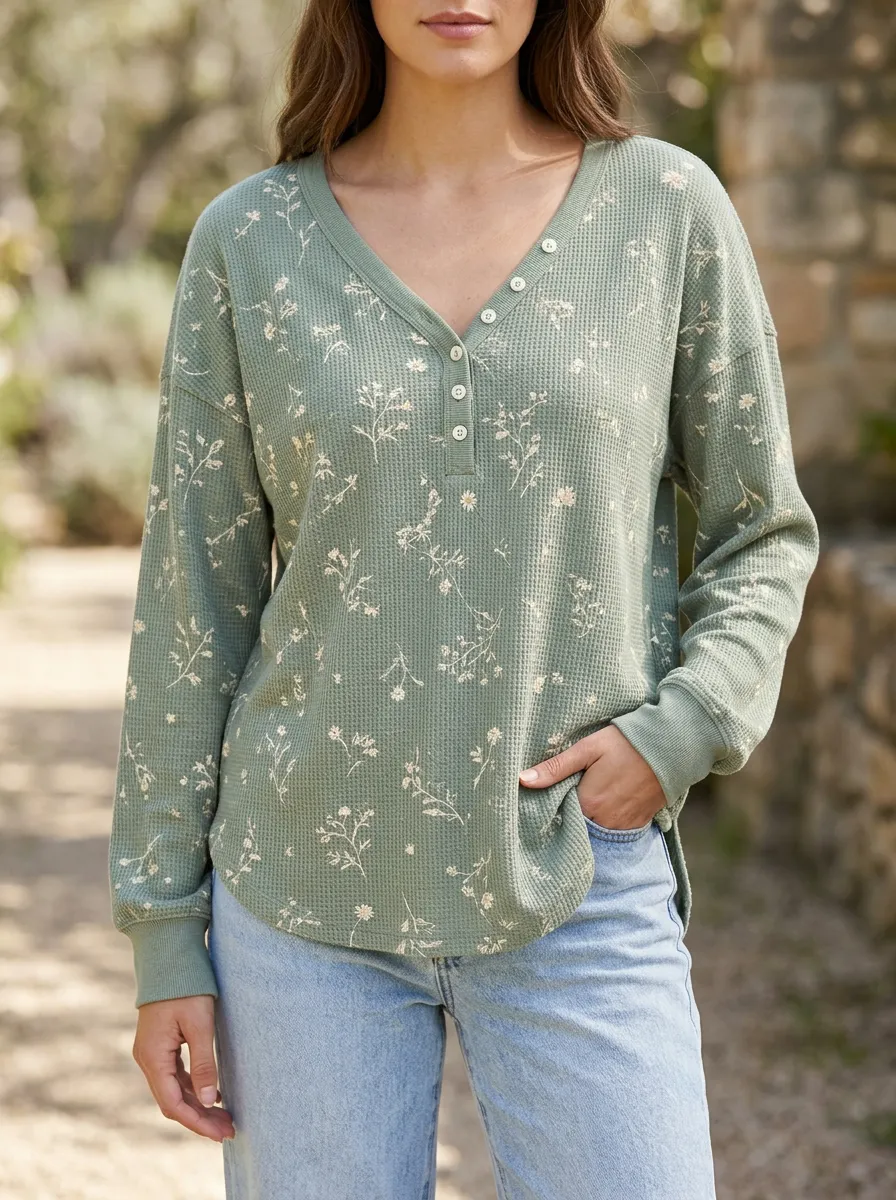 Women's Studio Floral Pattern Waffle Knit Printed Button V-Neck T-Shirt