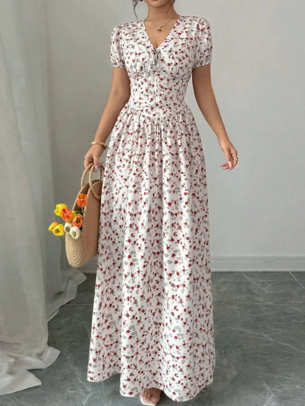 Floral Print V Neck Maxi Dress