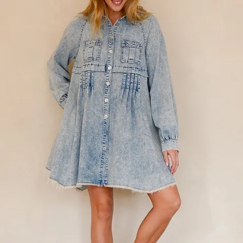 Denim Long Sleeve Button Front Collared Dress
