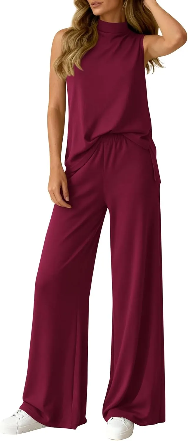 Summer 2 Piece Lounge Sets For Women Sleeveless Mock Neck Wide Leg Loose Spring Vacation Airport Travel Outfits