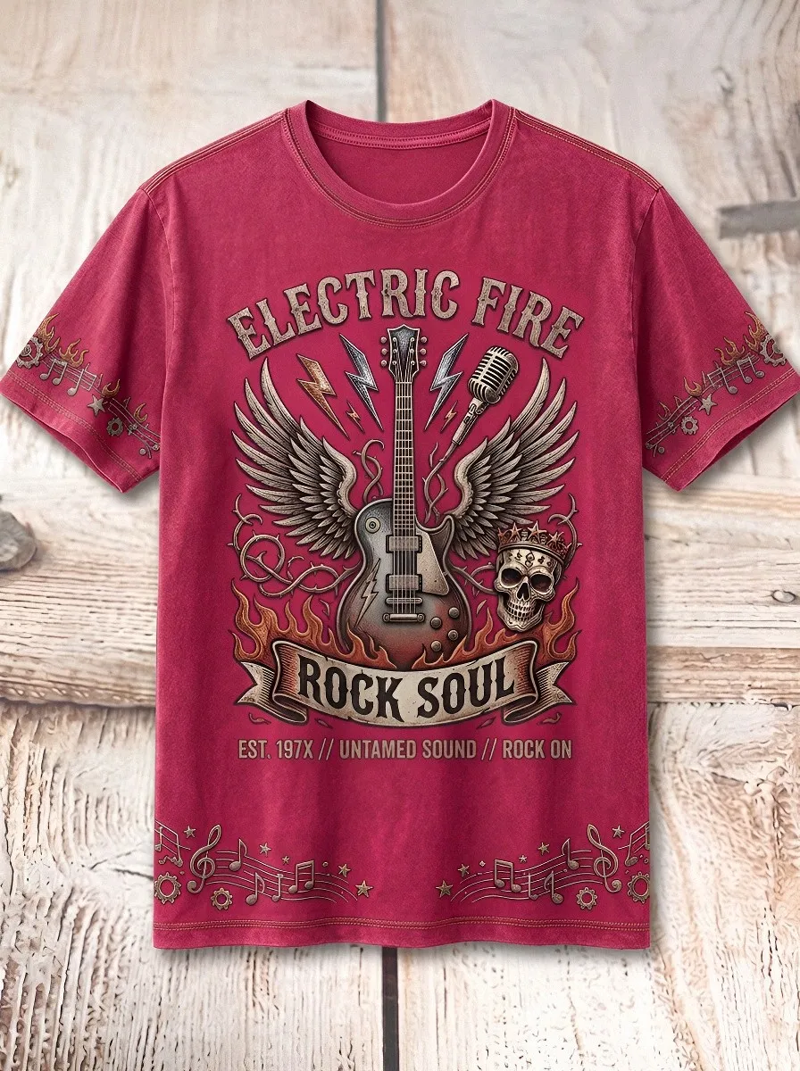 Men's Rock Music Lover Winged Guitar Skull Printed T-shirt
