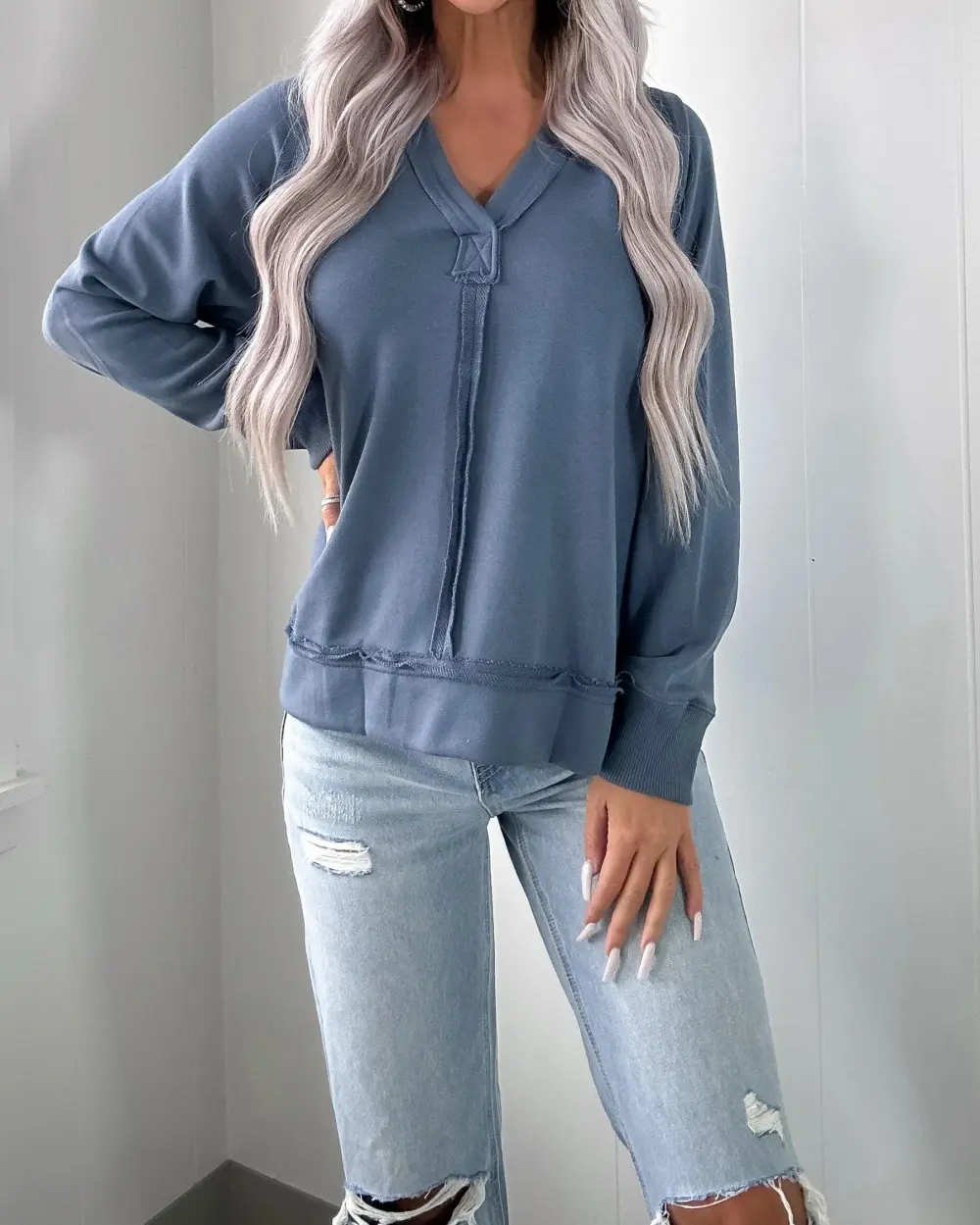 Long Sleeve Knit Top - Dusty Blue