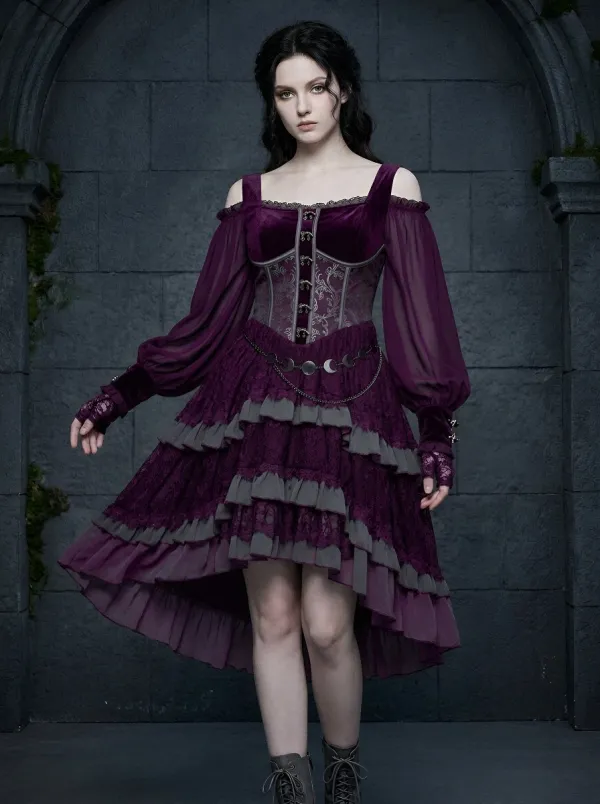 Women's Gothic Victorian Corset Lace Ruffle Printed Mini Dress