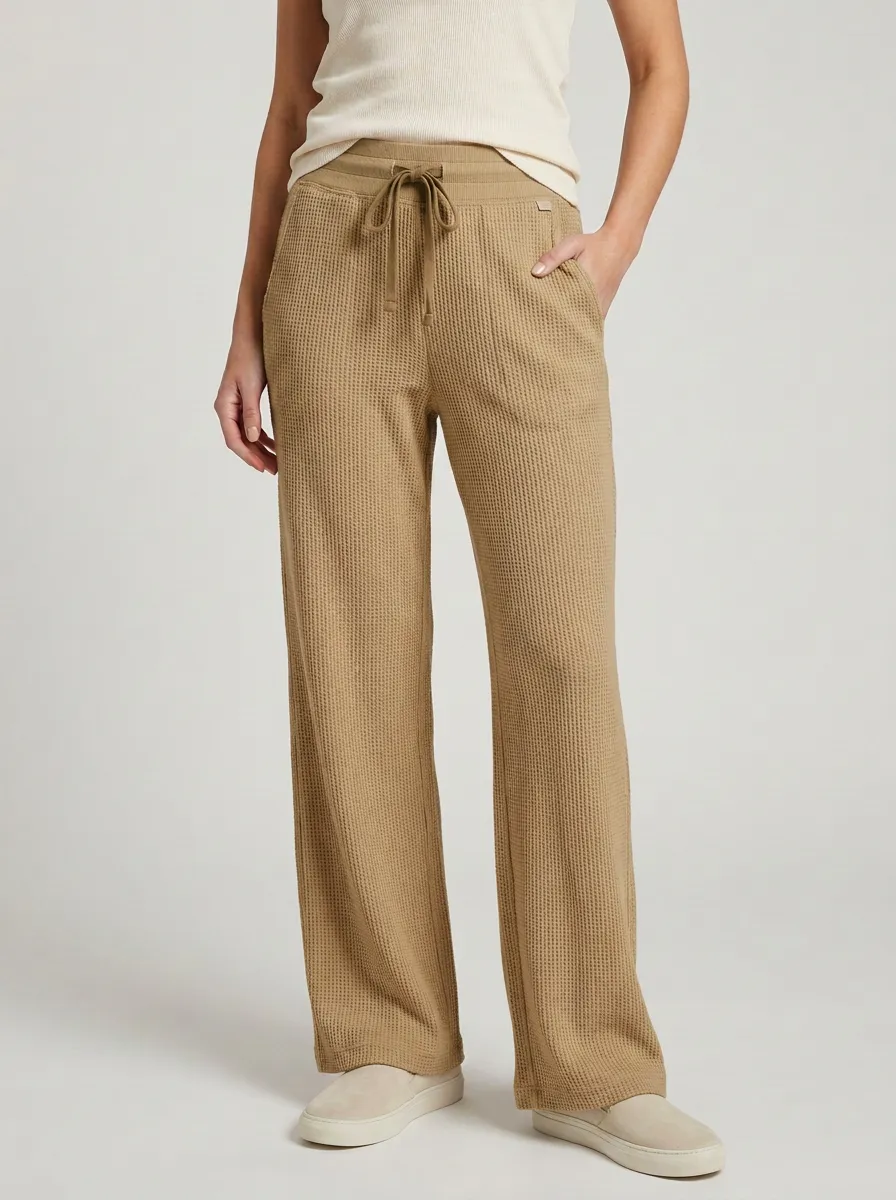 Women's Casual Lounge Waffle Knit Drawstring Wide Leg Pants