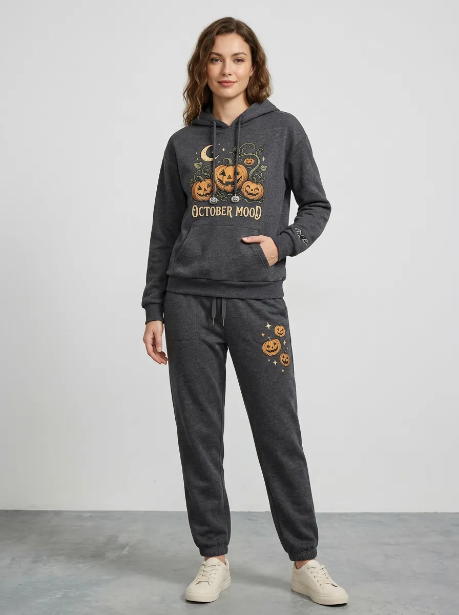 Women's Halloween October Mood Pumpkin Printed Jogger Set