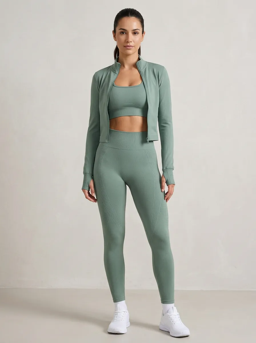Training Ribbed Texture Seamless Design Finish Women's Three Piece Activewear Set
