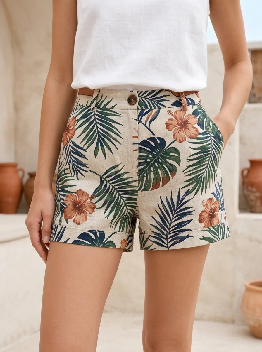 Women's Tropical Hibiscus Palm Leaf Belt Loop Printed Shorts