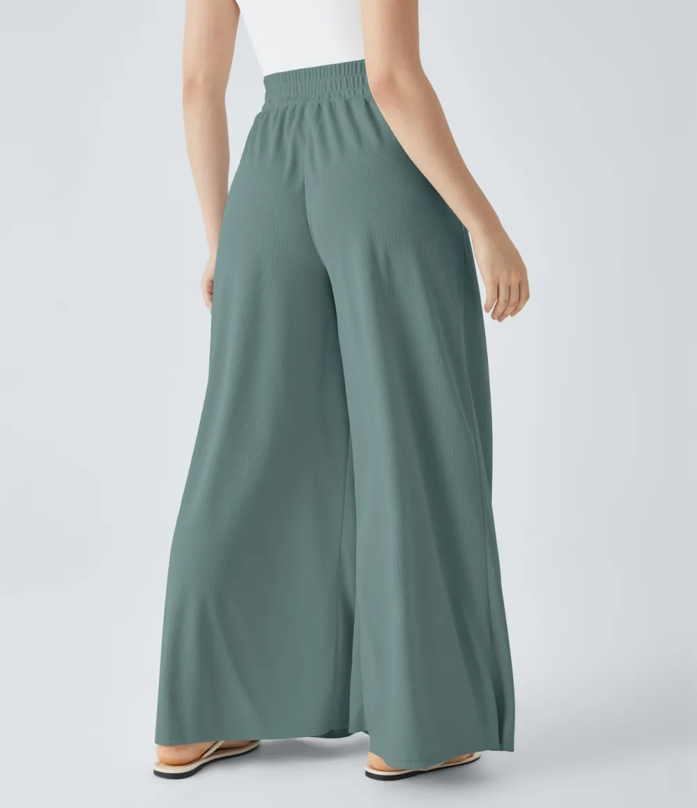 High Waisted Pleated Side Pocket Flowy Wide Leg Palazzo Waffle Casual Pants