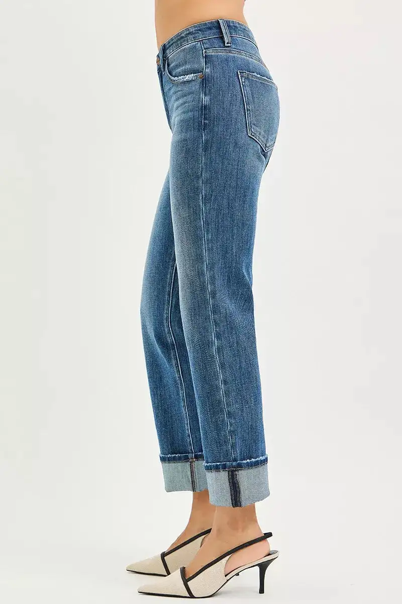 Straight Leg Stretch Cuffed Denim Jeans