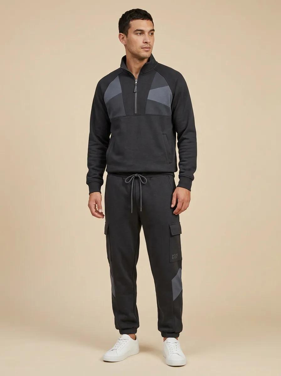Men's Sporty Casual Colorblock Quarter-Zip Cargo Jogger Set