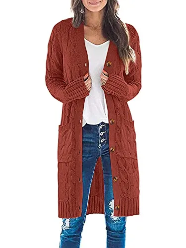 Womens Long Sleeve Cable Knit Long Cardigan Open Front Button Sweater Outerwear