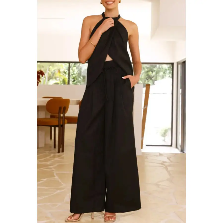 Halter Neck Top and Wide Leg Pants Set