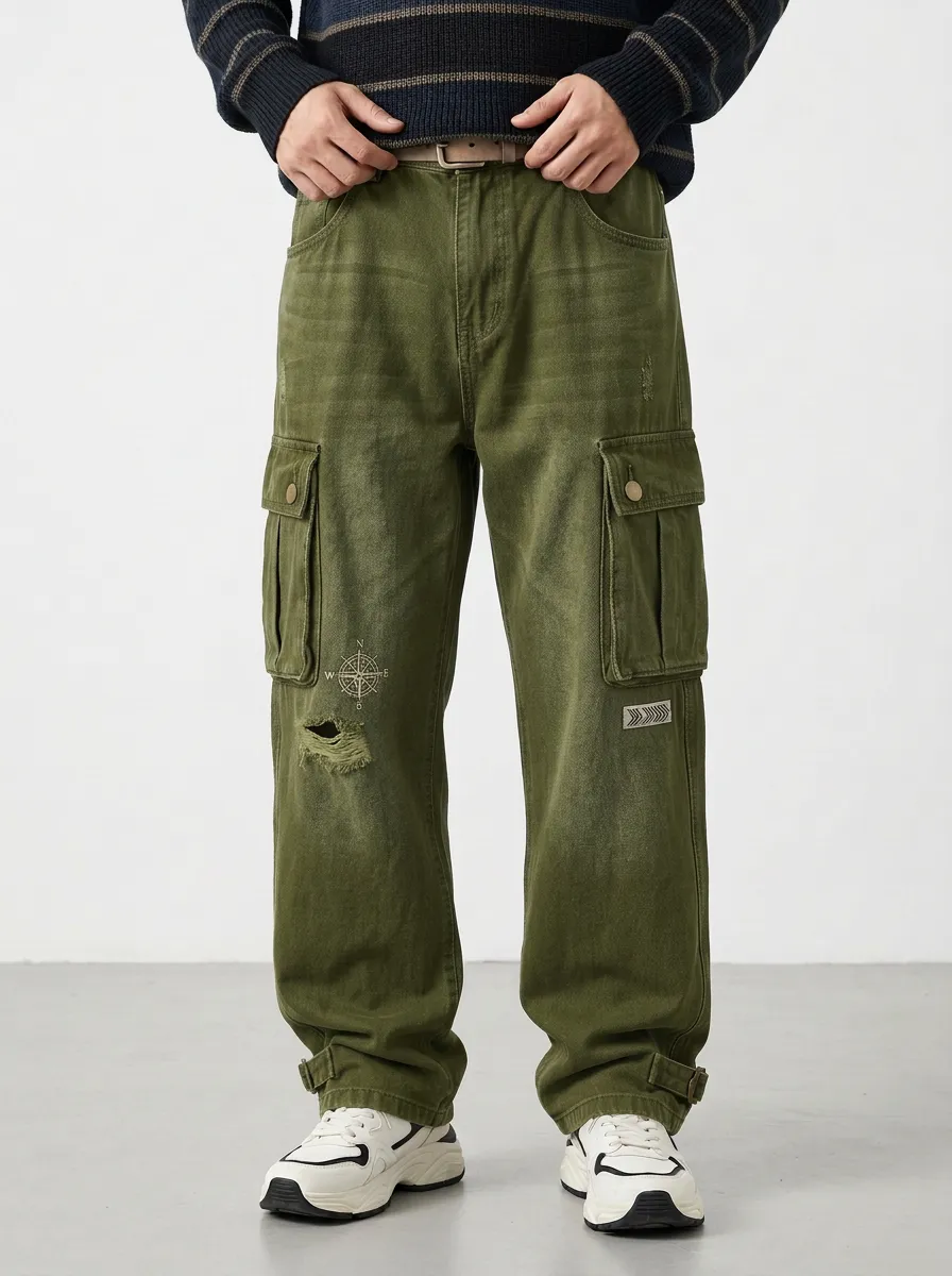 Men's Vintage Compass Distressed Printed Cargo Jeans