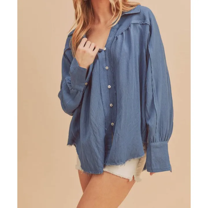 Raw Hem Button Down Raglan Sleeve Shirt