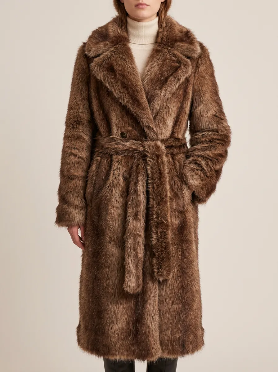 Button Front Faux Fur Belted Coat