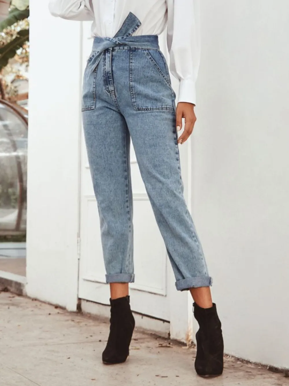 Washed Tie-Waist Pocketed Stretch Straight Leg Jeans