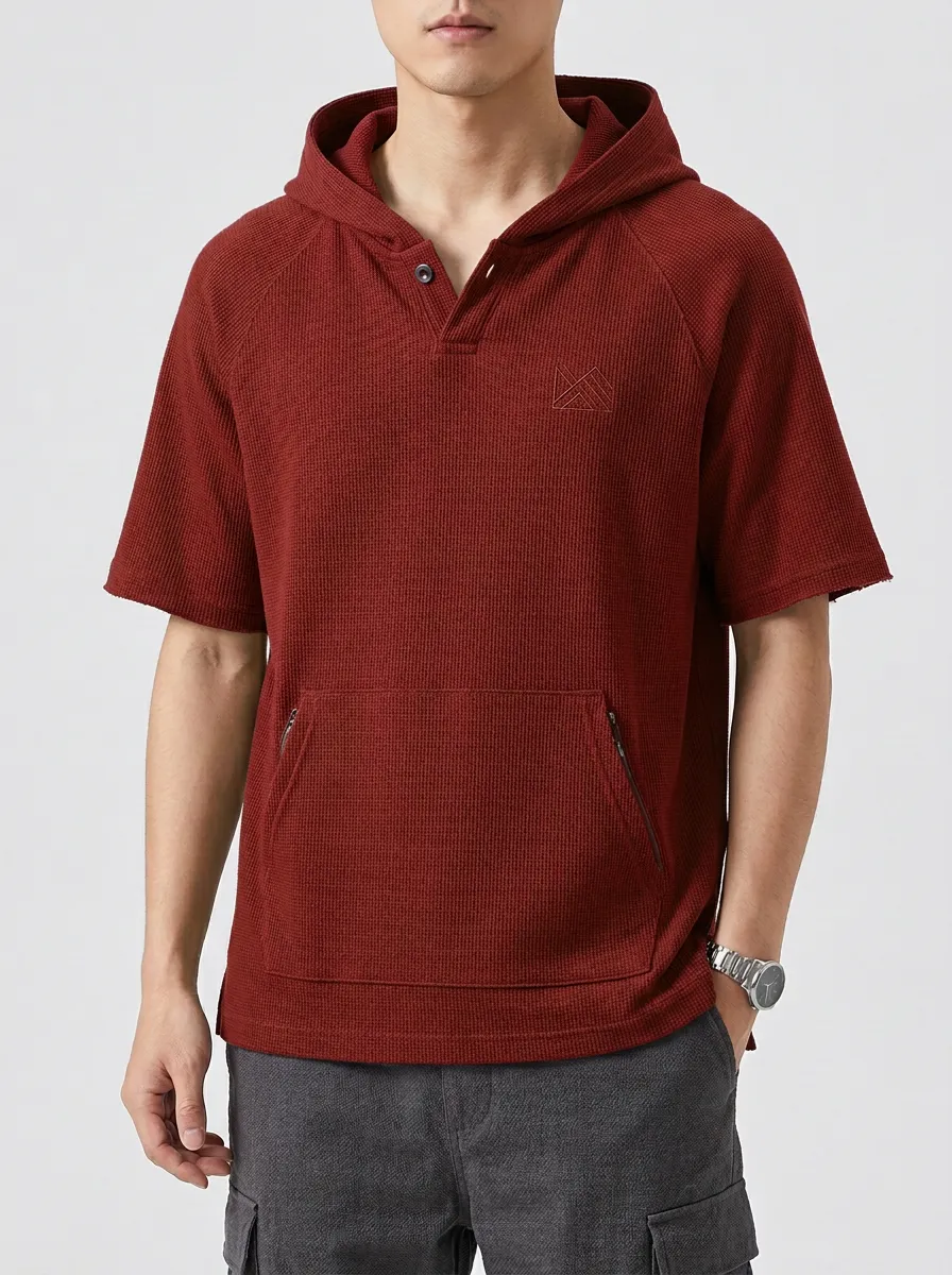 Casual Short Sleeve Waffle Knit Embroidered Profile Men's Hoodie