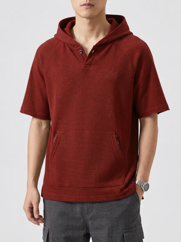 Casual Short Sleeve Waffle Knit Embroidered Profile Men's Hoodie