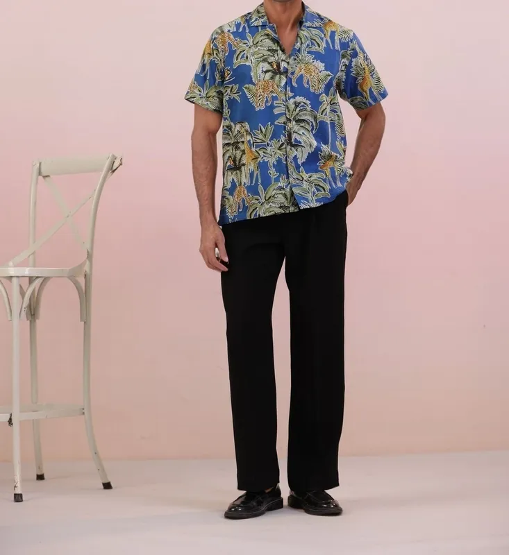 Blue Monkey Print Mulmul Cotton Camp Collar Shirt