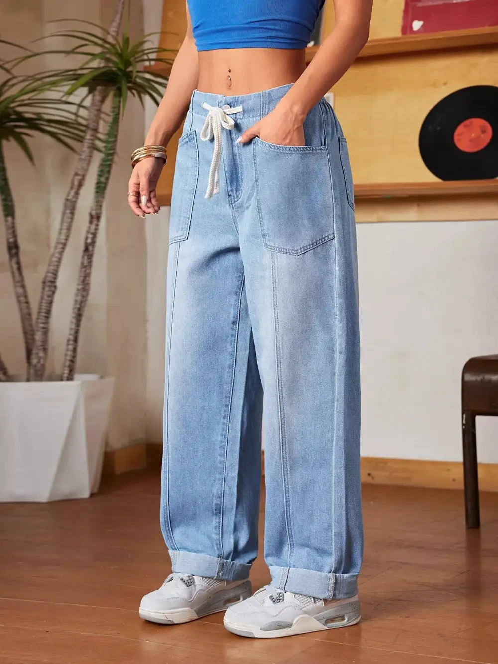 Contoured Wide Leg Drawstring Denim Jeans