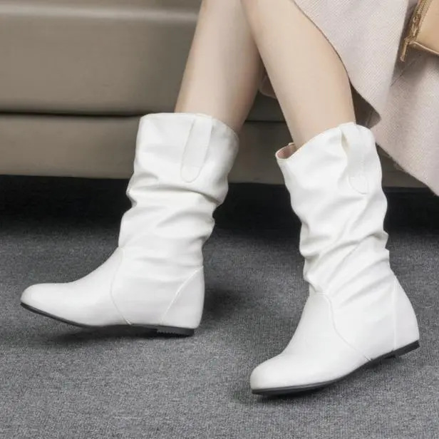 Ruched Wide Calf Mid-Calf Boots With Hidden Wedge-Heel