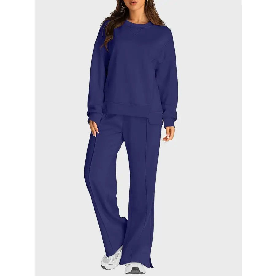 Round Neck Long Sleeve Top and Slit Pants Set