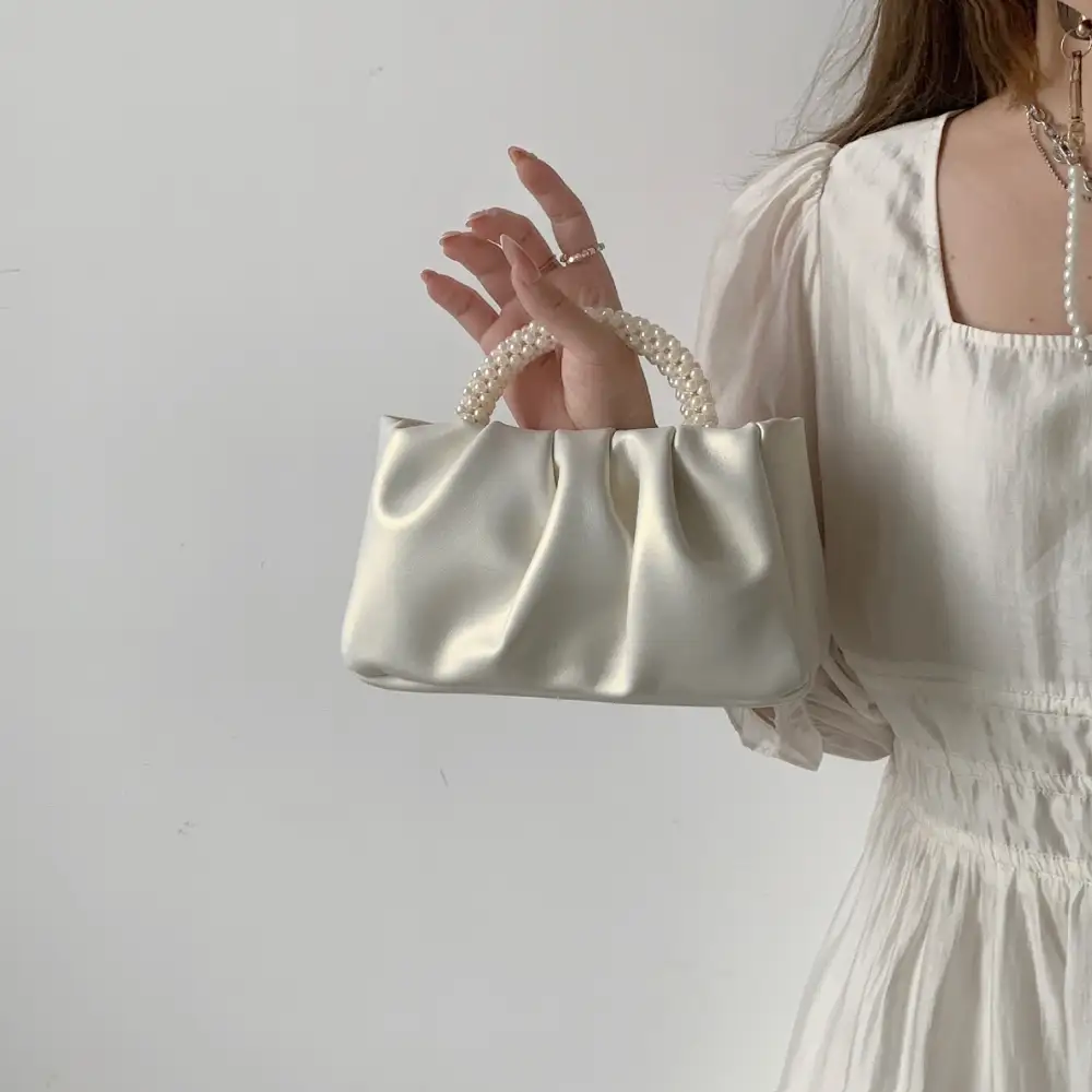 Compact Pearl Pleated Clutch Bag