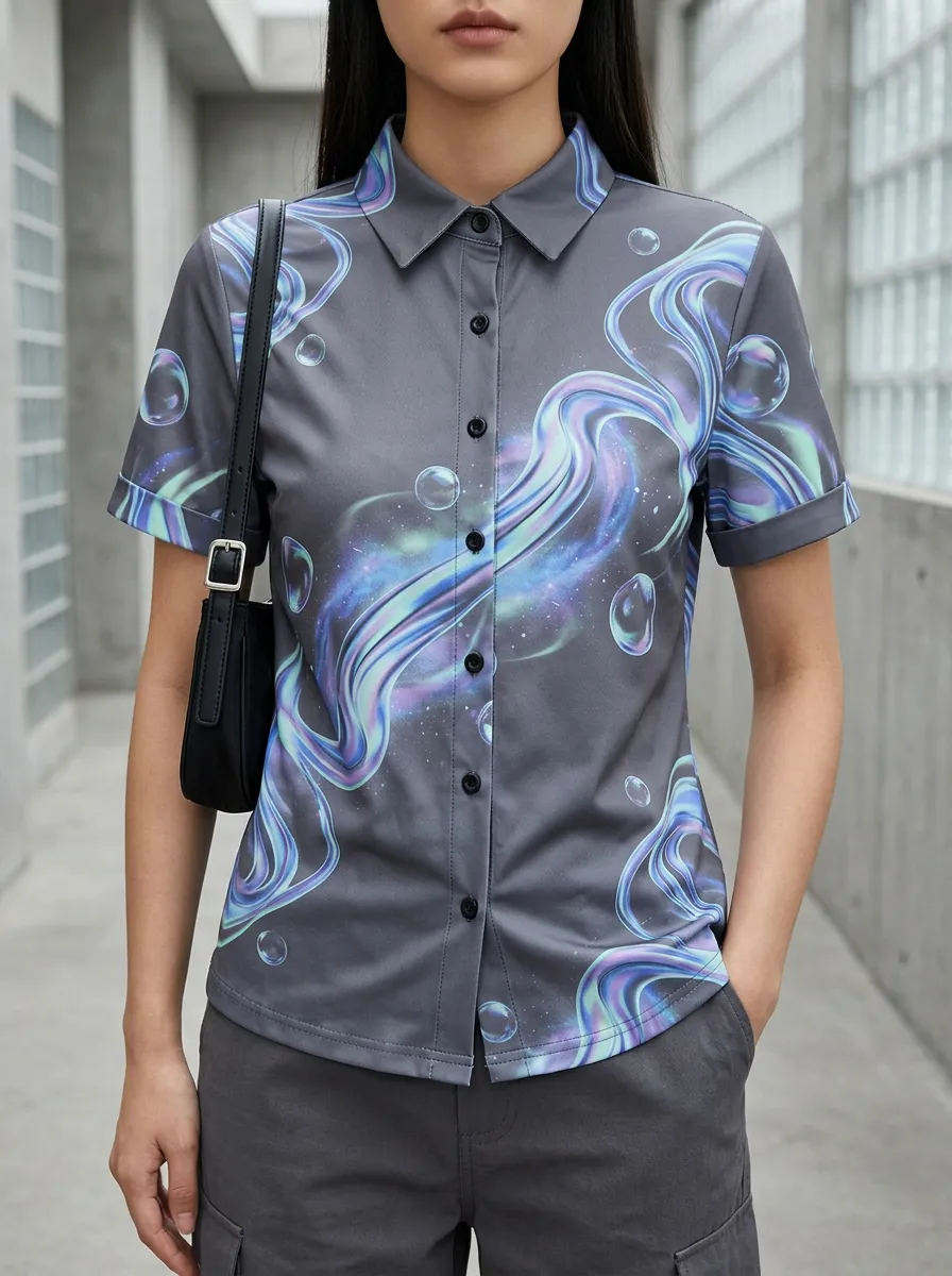 Women's Abstract Swirl Bubble Pattern Printed Shirt