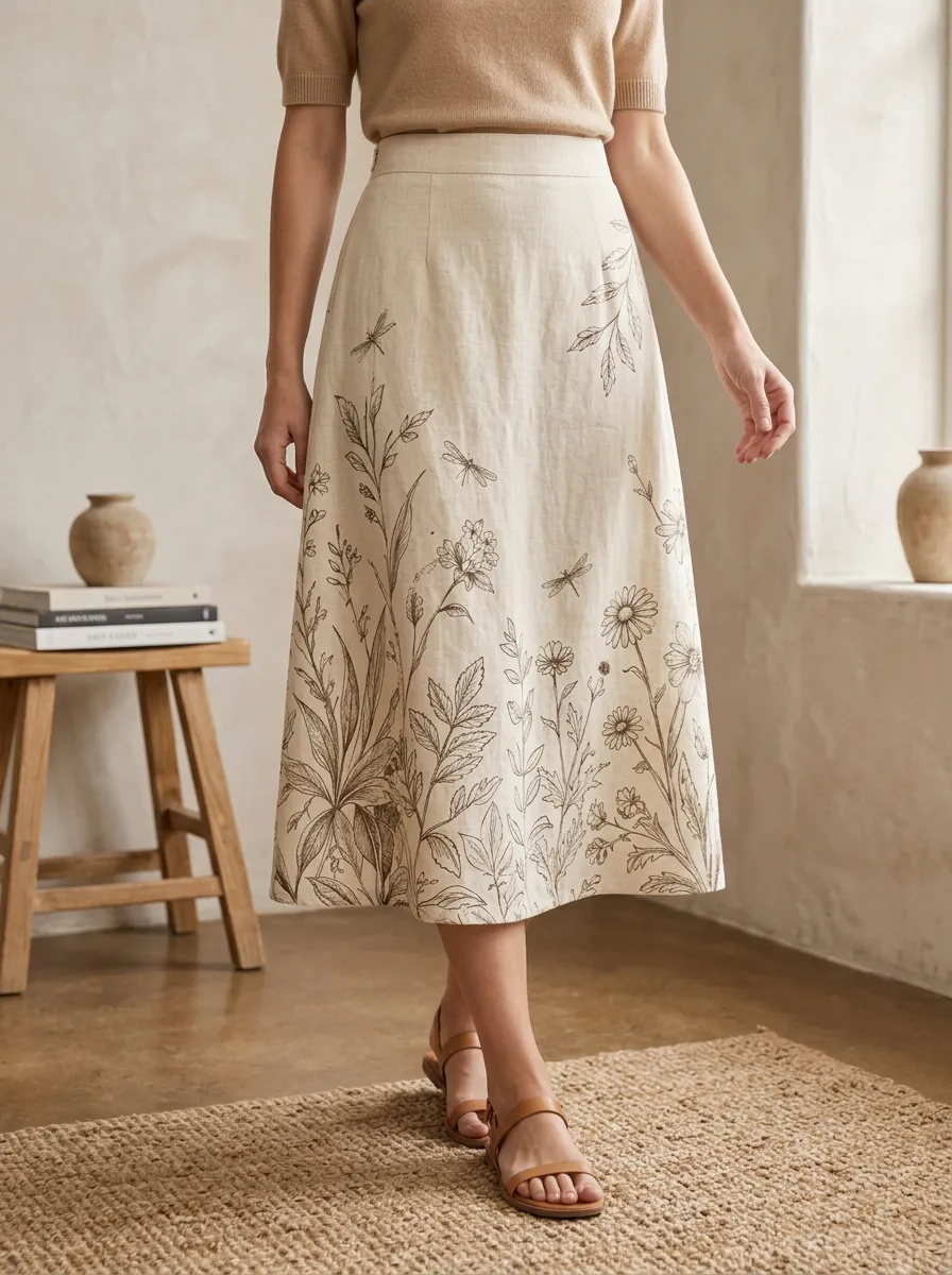 Women's Botanical Nature Lover Dragonfly Floral Printed Midi Skirt