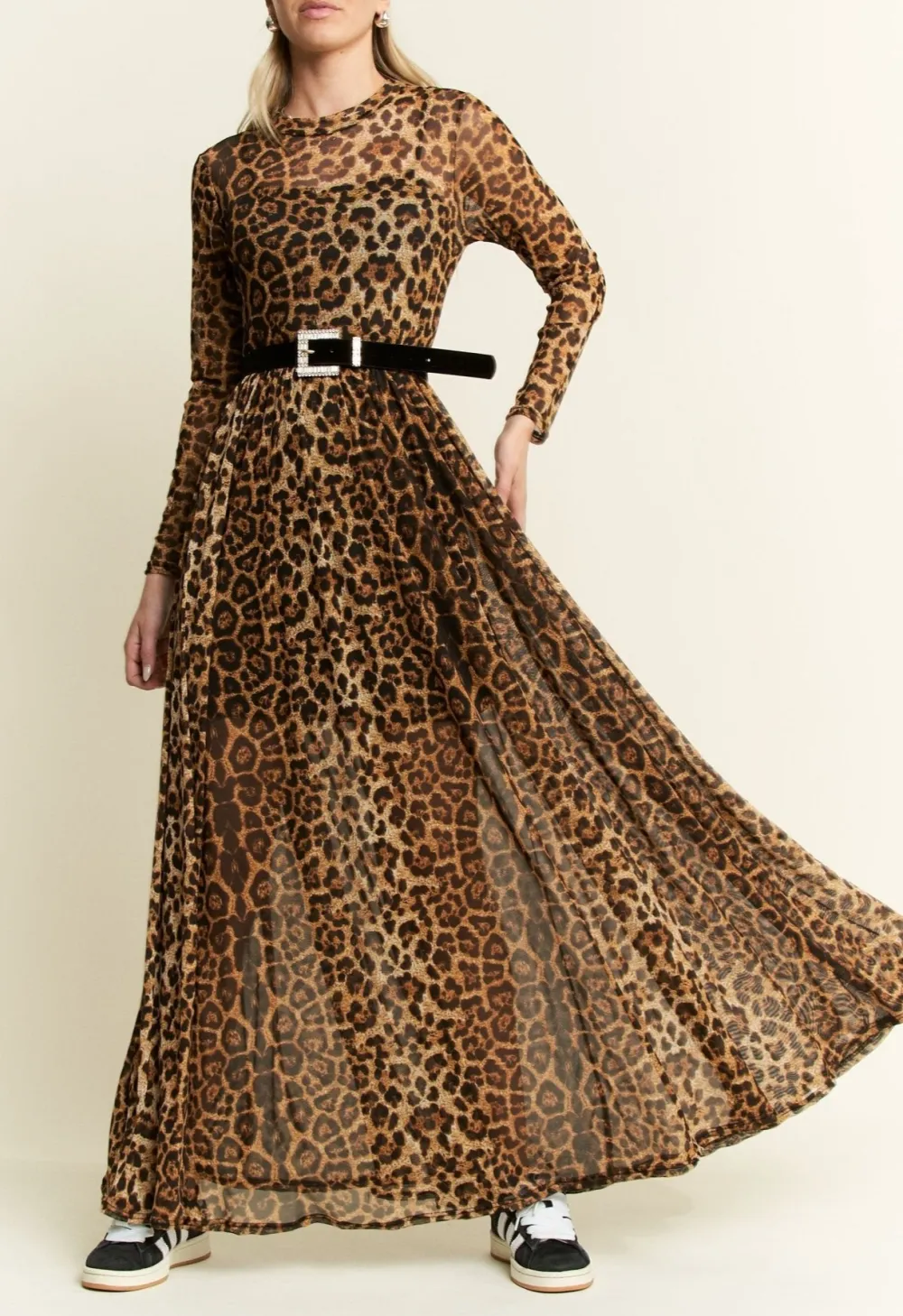 Modern Animal Print Mesh Mock Neck Maxi Dress