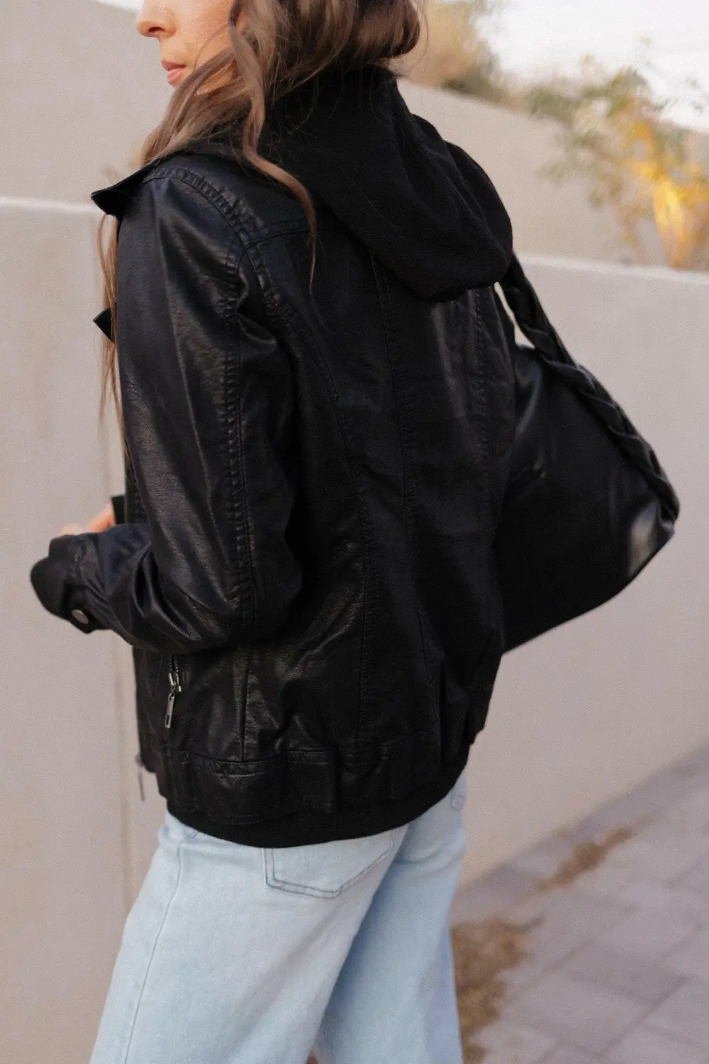 Vegan Leather Hooded Casual Jacket